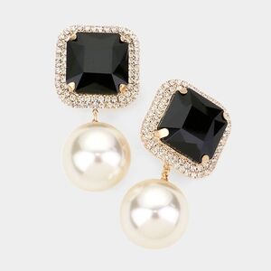 Black Gold Dangle Pearl Crystal Clip On Earrings 2.5 Inch Square Drop ClipOns